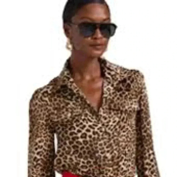 Michael Kors cheetah button down blouse size Petite Medium - Picture 1 of 5
